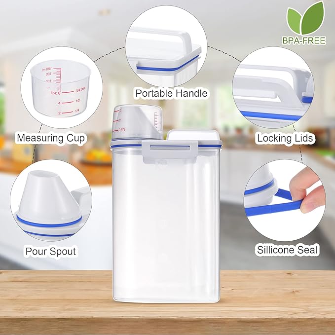 Rice Storage Bin 4 Pcs Cereal Containers Dispenser with Measuring Cup Plastic Storage Containers with Lids Kitchen Bin Rice Holder Food Sets for Flour Cereal, 2.5 l