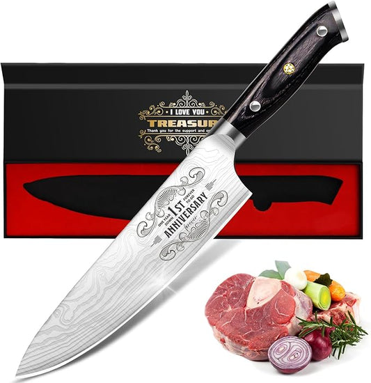 1 Year Anniversary Paper Gifts for Boyfriend, 1st Anniversary Present for Men Him Husband, 8 inch Pro German Chef Knife, One Year Kitchen Knife Gift Set, Best First Year Valentines Birthday Him Gifts