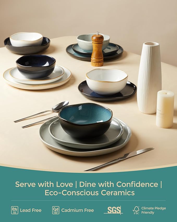 Plates and Bowls Sets, 16 Pieces Dinnerware Set for 4 with Pasta Bowls, Handmade Dishes Set, Chip Resistant Dishware Sets, Microwave Safe Dinner Set, Designed for Interactive Meals, Green Black