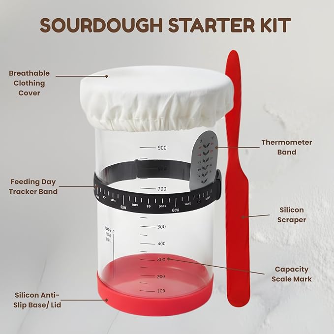 EROIR Sourdough Starter Kit - 38oz Glass Starter Jar with Date Marked Feeding Band, Thermometer, Jar Scraper, 9" Round Bread Proofing Basket, Dough Whisk, Lame, Bowl Scraper, Clean Brush, Recipes Book