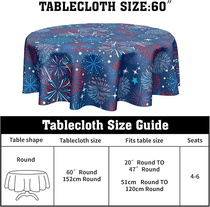 4th of July Round Tablecloth 60 Inch Patriotic Red and Blue Fireworks Polyester Table Cloth Independence Day Memorial Day Table Cover Decoration for Kitchen Dinner Party
