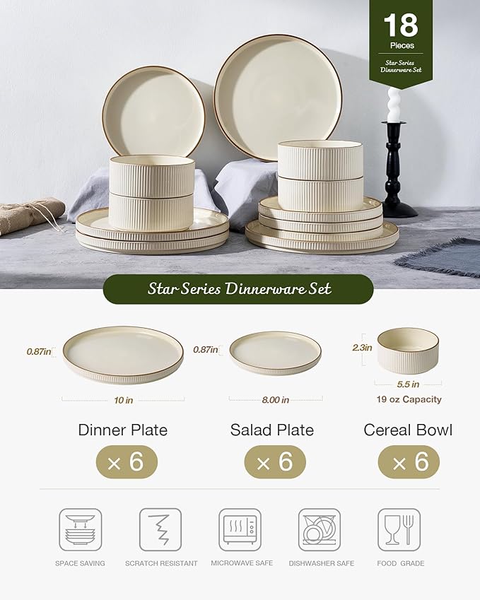 Famiware Star Dinnerware Set, Plates and Bowls Sets for 6 (18pcs), Ribbed Stoneware Dishes - Chip & Scratch Resistant, Microwave & Dishwasher Safe Kitchenware, Cream