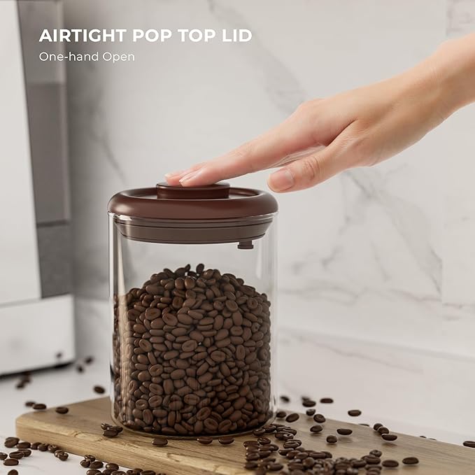 Clear Glass Coffee Container 2-Pack with Pop Lids & Valves - Airtight Canister for Freshness, See-Through Pantry Organization - Storage for Coffee Beans, Cereal & Dry Food, 6OZ Countertop Jar