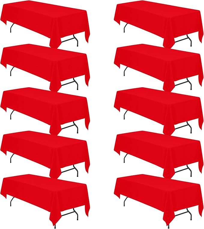 BRILLMAX 10 Pack Red Tablecloths 60 x 126 Inch for 8ft Rectangle Tables - 150 GSM Polyester Fabric, 15" Standard Drop, Water, Stain & Wrinkle Resistant Cloth Cover for Wedding Banquet Dining Buffet