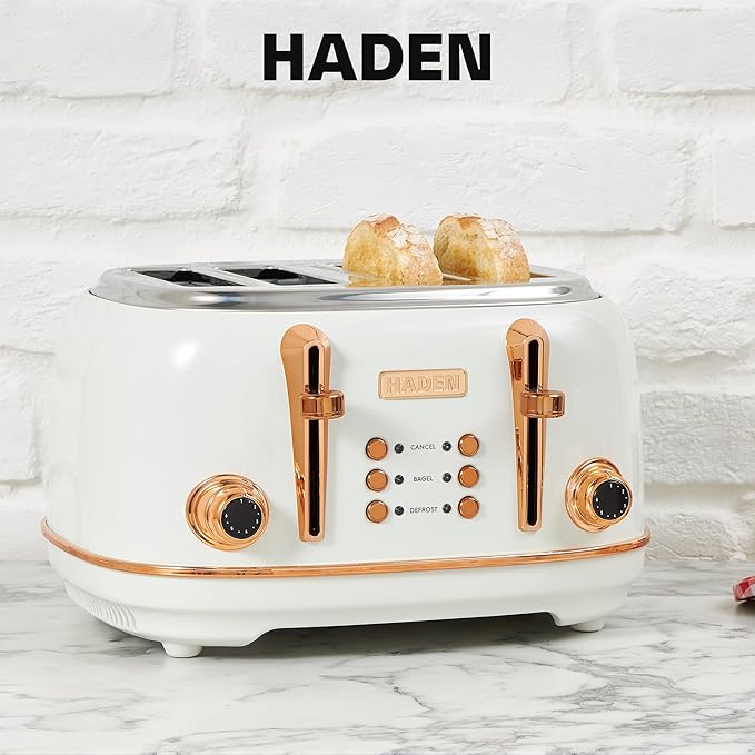 Haden Heritage 4 Slice Wide Slot Stainless Steel Toaster Bundled with 1.7 Liter Stainless Steel Electric Water Kettle, Ivory & Copper
