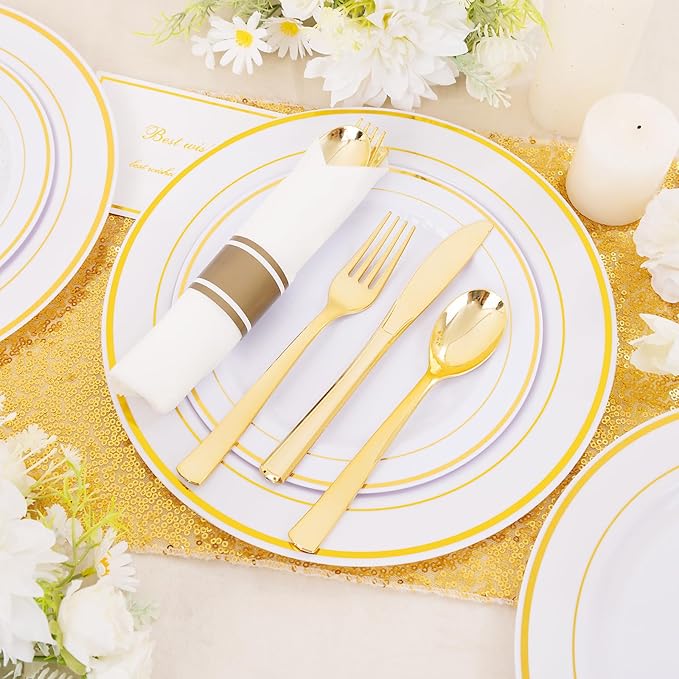 DaYammi 350PCS Gold Plastic Dinnerware Set for 50 Guests, Fancy Disposable Plates for Party, Include: 50 Dinner Plates, 50 Dessert Plates, 50 Pre Rolled Napkins with Gold Silverware, 50 Cups