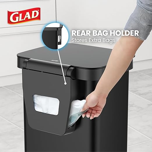 Glad Stainless Steel Step Trash Can, Series 2 with Clorox Protection - Large Black Kitchen Garbage Bin with Soft Close Lid, Foot Pedal and Waste Bag Roll Holder, 20 Gallon