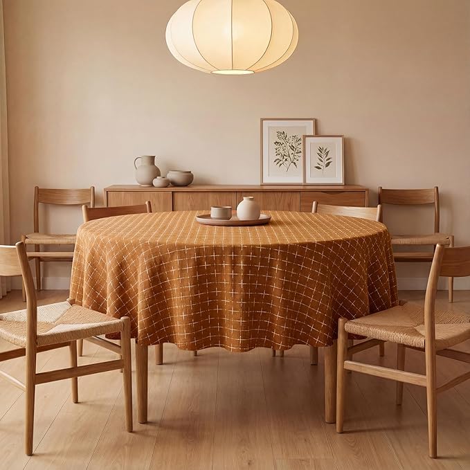 Horaldaily Caramel Round Table Cloth, Cross-Star Solid Textured Embroidery Tablecloth, Wrinkle Free Washable 60×60 Inch Table Cover for Kitchen, Party, Wedding, Picnic, Outdoor