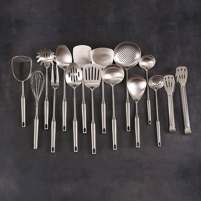 18/10 Stainless Steel Cooking Utensils Set - 16 PCS All Metal Small & Large Kitchen Spoons, Serving Utensils - Whisk, Masher, Fork, Tongs, Solid/Slotted Spoon, Spatula, Turner, Ladle, Skimmer, Pasta