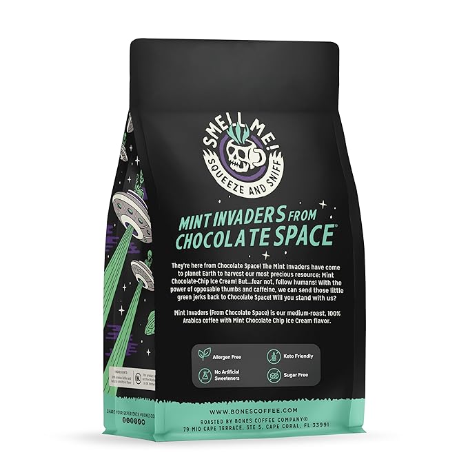 Bones Coffee Company Mint Invaders, Mint Chocolate Chip Flavored Coffee, Medium Roast Low Acid Arabica Beans Compatible with Auto drip and French Press Coffee Maker, 12 Oz Whole Bean