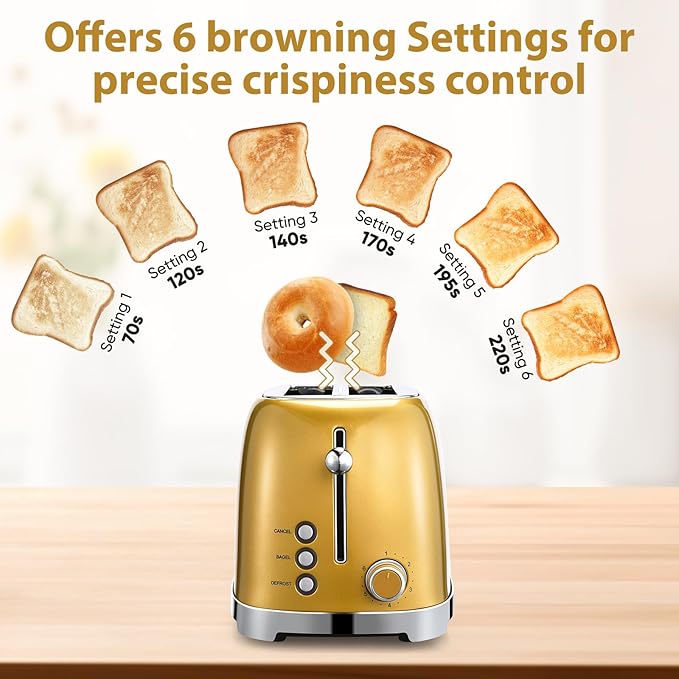 Gold 2 Slice Toaster, Wide Slot Stainless Steel, 6 Shade Settings, Bagel, Defrost & Cancel Functions, Removable Crumb Tray, Different Toast Sizes, Cord Wrap, 825w