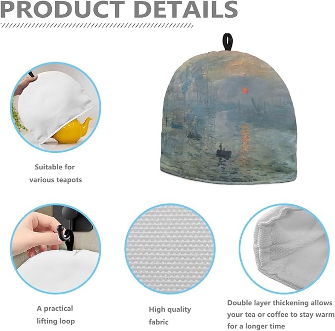 Tea Cozy for Teapots with Handle, Impression Sunrise Prinit Vintage Oil Painting Style Dust Cover, Hanging Fold-Up Design, Suitable for Kitchen and Living Room Table Decoration