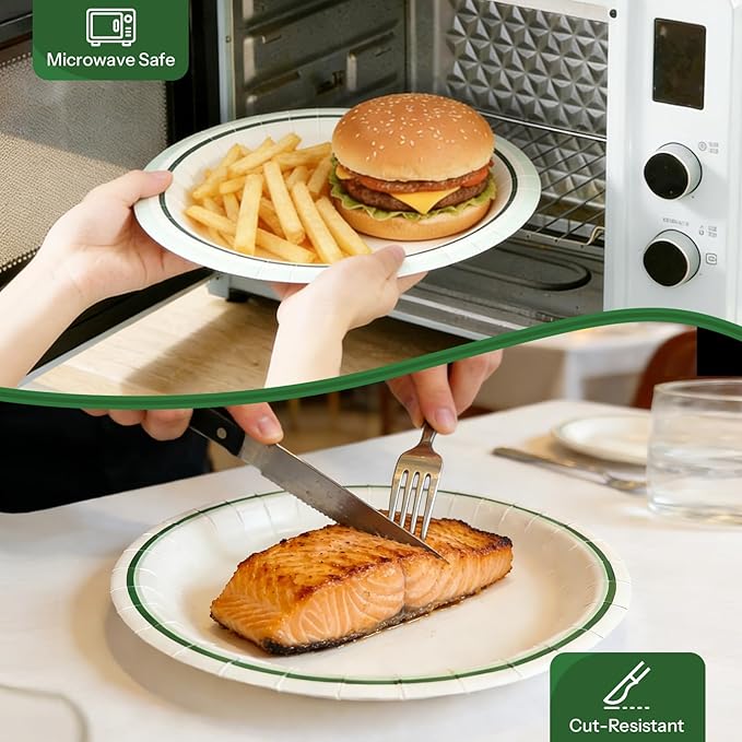 Disposable Plates 9 Inch, 150PCS Paper Plates Bulk with Green Rims, Heavy Duty Paper Plates for Graduation/Retirement Party, Picnic, BBQ, Microwave, Breakfast, Lunch & Dinner