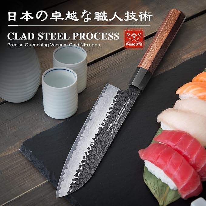 Santoku Knife 7 inch, Hand Forged 5 Layers 9CR18MOV High Carbon Steel Professional Kitchen Knife, Ultra Sharp Rosewood Handle Japanese Chopping Knife As a Thoughtful Christmas Gift for Dad/Mom