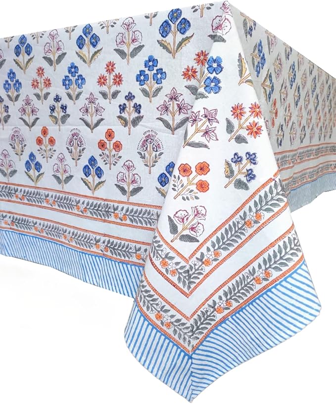 ATOSII Flora Bloom 100% Cotton Rectangle Summer Tablecloth, Block Print Floral Table Cloth Linen for Kitchen Dining I Parties Wedding Outdoors I Home Decor 60 X 108 Inches I 8 Seater I Memorial Day