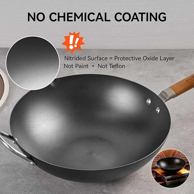 WANGYUANJI Carbon Steel Wok 14.2", Large Nitriding Flat Bottom Stir Fry Pan with Lid, No Chemical Coating Rust Resistant Iron Skillet for Induction Electric Gas Stoves, Big Capacity Serves 6+