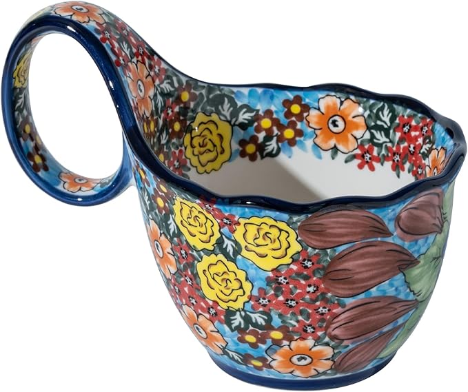 ALMA Handpainted Soup Bowl with Handle, 18.6oz Ceramic Cereal Bowl, Microwave &Dishwasher Safe,Loop Handle Bowl Great for Soup, Chili, Stew, Ice cream