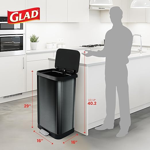 Glad Stainless Steel Step Trash Can, Large Metal Kitchen Garbage Bin with Soft Close Lid, 20 Gallon, Pewter - Indoor & Outdoor Waste Container with Odor Protection and Bag Roll Holder
