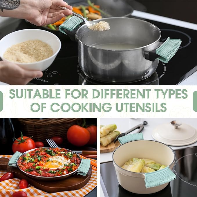 Patelai 4 Pcs Silicone Assist Hot Pan Handle Holder Pot Handle Covers for Cast Iron Skillets Holder Sleeve Nonslip Heat Resistant Pan Cover for Enameled Griddles Casserole Frying Cookware(Mint Green)