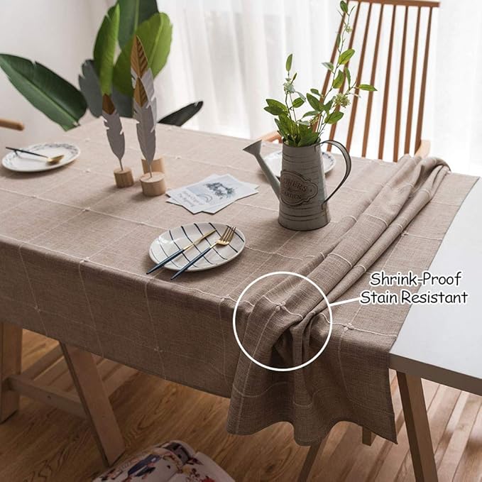 ColorBird Solid Embroidery Lattice Tablecloth Cotton Linen Dust-Proof Checkered Table Cover for Kitchen Dinning Tabletop Decoration (Rectangle/Oblong, 52 x 120 Inch, Linen)