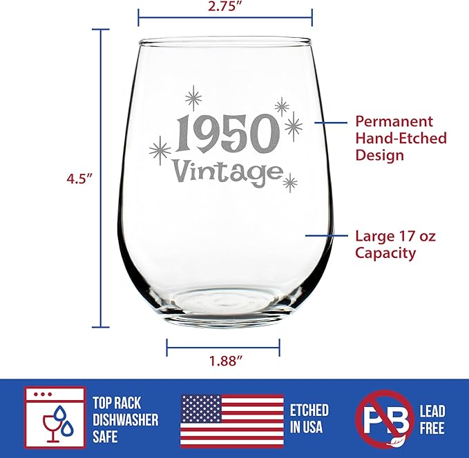 Bevvee Custom Vintage 1950 Stemless Wine Glass - Personalized Birthday Gifts for Women & Men - Bday Party Decor - Large 17 oz