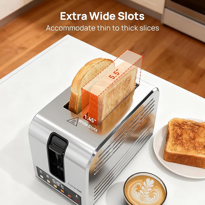 Toaster 2 Slice, Consciot Smart Touch Screen Toasters with 6 Browning Levels, Timer, Reheat/Defrost/Cancel, Extra-Wide Slots, Removable Crumb Tray, Auto Pop-up & Anti Jam, Peak 925W, Stainless Steel