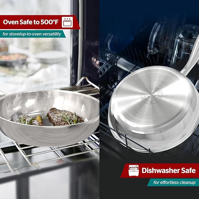 Sunhouse 10 Inch Tri-Ply Stainless Steel Frying Pan, Whole-Clad No Coatings Skillet with Stay-cool Handle for Cooking, Durable & Oven Safe to 500°F, Dishwasher Safe, Compatible with All Cooktops