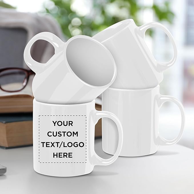 Custom Ceramic Coffee Mugs 11 oz. Set of 100, Personalized Bulk Pack - Coffee cup set, Iced coffee cup, Gaming mug - White