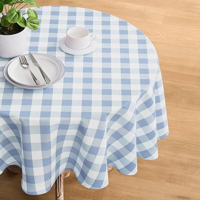 Checkered Tablecloth Rectangle Gingham Table Cloths Waterproof Wrinkle Free Buffalo Plaid Table Covers Washable for Dining, Parties & Outdoor Picnic(Light Blue,60" Round)
