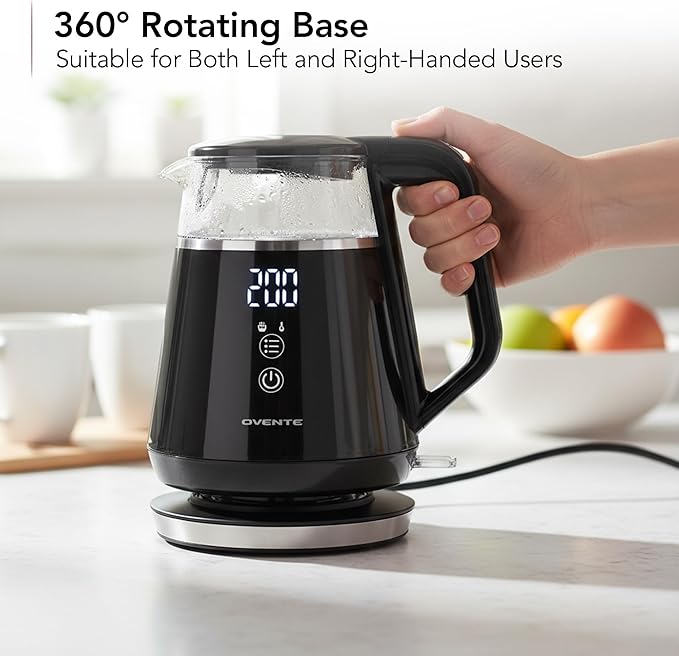 OVENTE 1L Small Electric Kettle with 5 Temperature Preset, Digital Display, 5Hr Keep Warm, Auto Shut-Off, Double-Wall Cool Touch Exterior, Borosilicate Glass,1500W BPA Free Water Boiler, Black KD95B