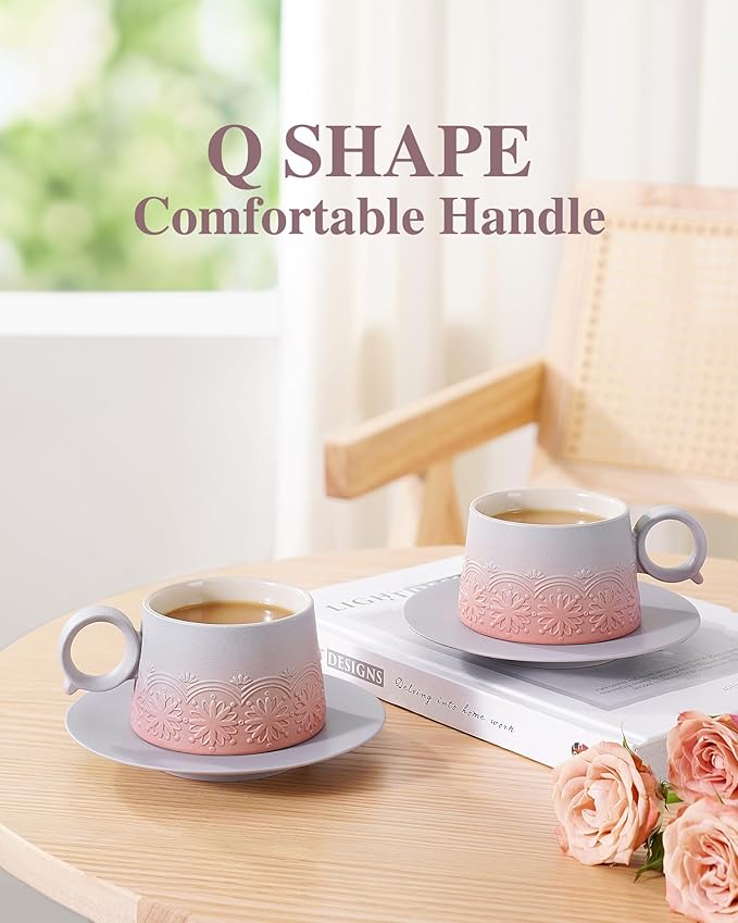 ZENS 7.3 Ounce Cappuccino Cups Set of 2, Artistic Embossed Ceramic Cappuccino Coffee Cups and Saucers, Double Espresso Cups Set of 2 for Au Lait, Matcha Latte or Tea, Women Gifts, Grey Pink