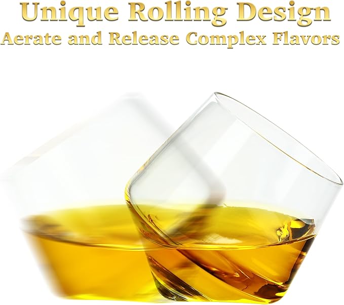 Barbuzzo Rolling Whiskey Glasses (Set of 2) – Hand-Blown Stemless Whiskey Glasses That Roll for Better Aeration – Perfect for a Variety of Spirits, Malts, Highballs and Cocktails – Holds 6.3 Ounces
