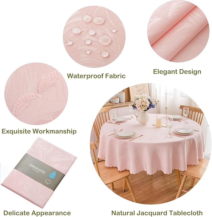 Round Tablecloth 70 Inch Pink Table Cloths Waterproof Washable Wrinkle Free Leaves Jacquard Soft Fabric Table Cover for 30-58”Tables-Kitchen Dinning Outdoor Birthday Party Banquet Patio