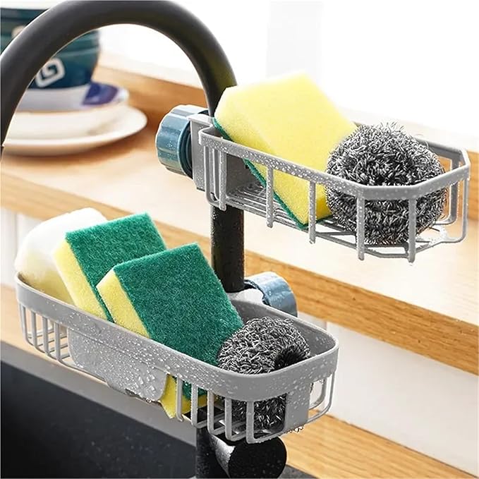 Adjustable Kitchen Sink Drain Rack Sponge Storage Faucet Holder Soap Drainer Shelf Basket Organizer Bathroom Accessories(Short-Grey)