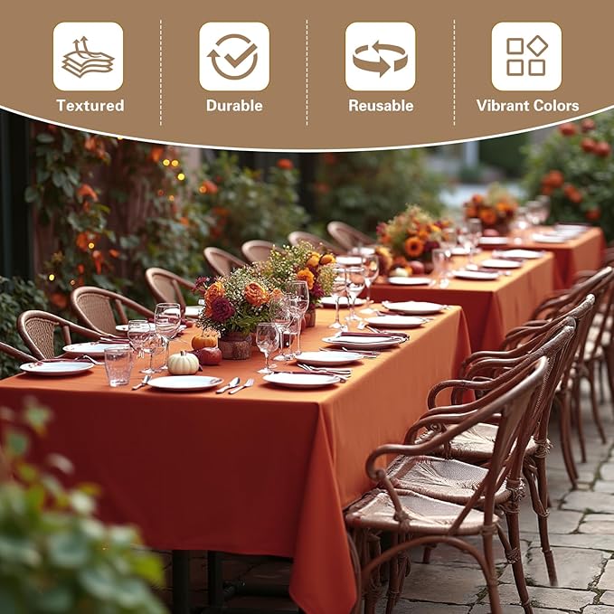 sancua Thanksgiving Tablecloths for 6 Foot Rectangle Tables, 6 Pack Burnt Orange - Washable Polyester Fabric Fall Table Cloth for Holiday Party, Birthday, Banquet Reception, 54x108 Inch Rust