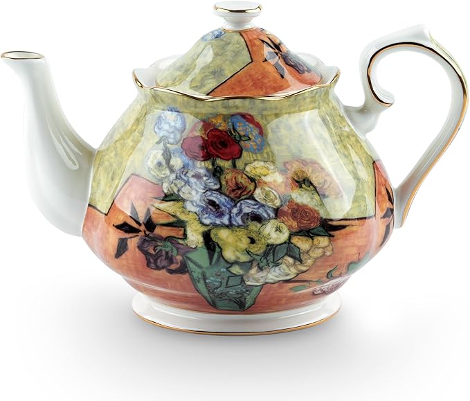 Teapot 30 oz Vangogh Paintings Bone China Loose Tea Pot Floral Design Vintage Ceramic Coffee Water Pot European Style Porcelain (Flower Vase)
