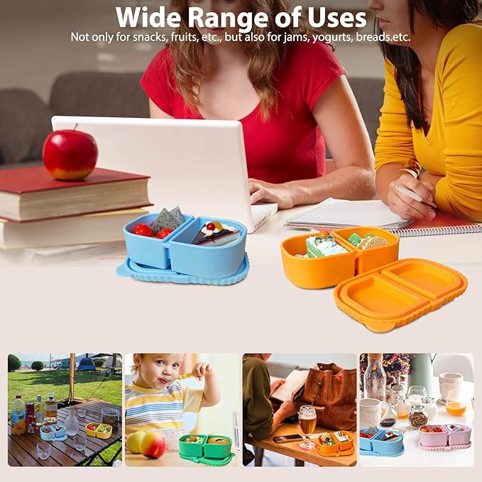 Silicone Reusable Snack Containers with Lids, 2 Compartment 8 oz Food Storage Containers Snackle Condiment Boxes Salad Dressing Sauce Seasoning Small Box for Travel Office Picnic 2 Pack Green Yellow