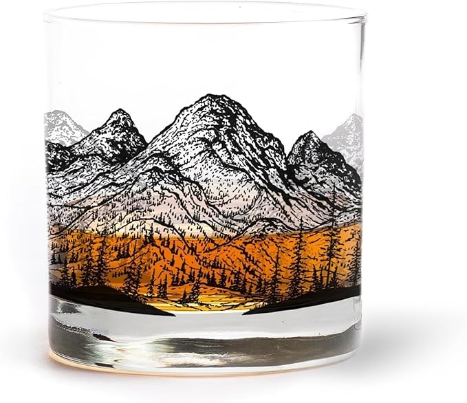 Black Lantern Whiskey Glass - 11oz. Old Fashioned Whiskey Glass - Tumbler Glasses for Nature Lovers - One Rock Glass for Cocktails Bourbon Scotch and Whisky (Mountain Panoramic)