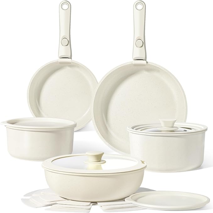 GiPP Ceramic Pots and Pans Set Non Stick, Nonstick Detachable Handle Cookware Sets, Healthy Non Toxic PFAS PFOA & PTFE Free, Dishwasher ＆Oven Safe, Induction Kitchen Pot and Pan, 15 Piece Cream