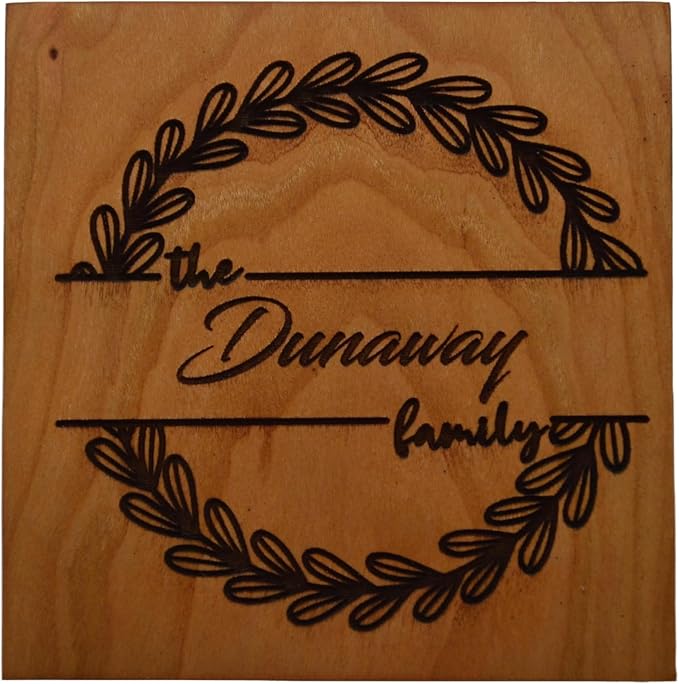 Personalized Wooden Coasters with Monogram, Wedding Date Engraved, Family Name- Choice of Wood (Wreath Family Name)