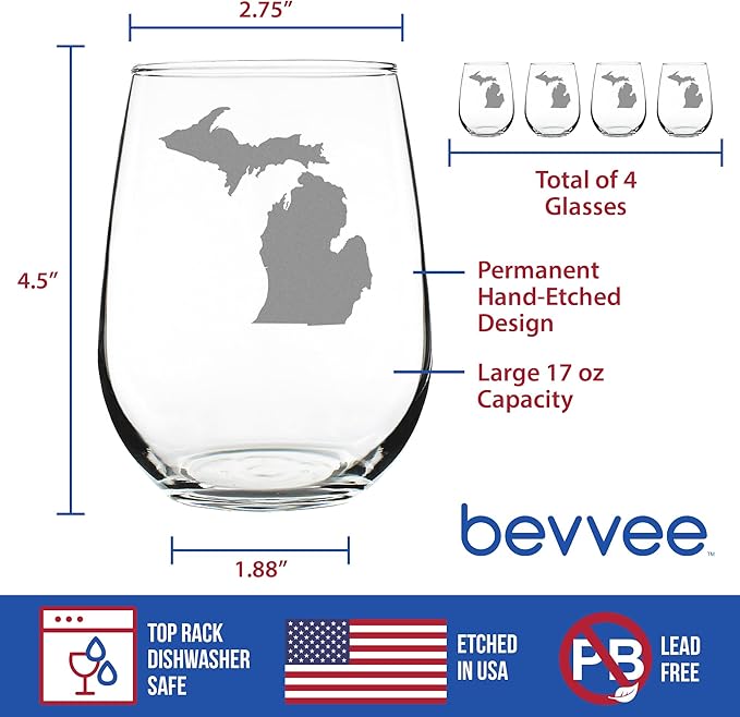 Bevvee Michigan State Outline Stemless Wine Glass - State Themed Drinking Decor and Gifts for Michigander Women & Men - Set of 4 - Large 17 Oz Glasses
