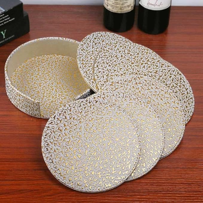 6PCS Leather Marble Coaster Drink Coaster Coaster Easy to Clean Placemat Round Tea Mat Table Mat Rack(Gray)