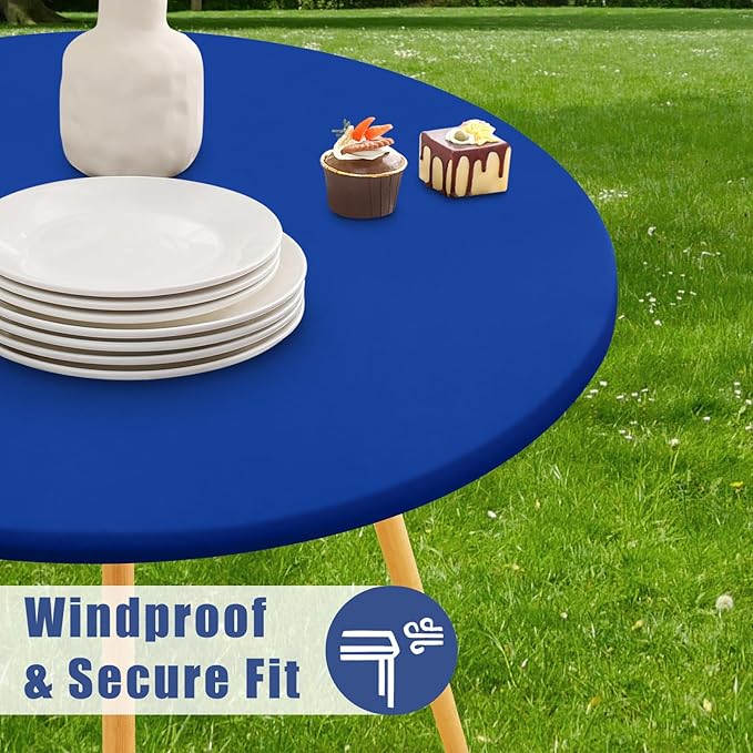 Round Spandex Tablecloth, Elastic Fitted Waterproof Tablecloths for 42"-50" Tables, Stretch Washable Picnic Table Cover for Camping, Dining, Indoor and Outdoor, Blue