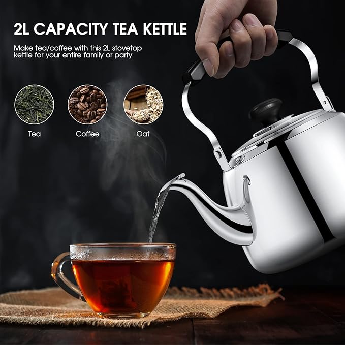 Tea Kettle, Stainless Steel Stovetop Whistling Tea Kettles 2L, Mirror Polished Food Grade Stainless Steel Tea Kettle Stovetop