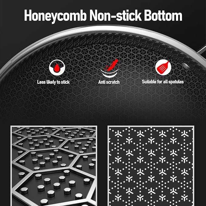 Stainless Steel Wok Pan, Nonstick Frying Pan Honeycomb Stir Fry Skillet with Lid, Compatible with Induction Cooker Gas Range, Dishwasher Safe (26cm)