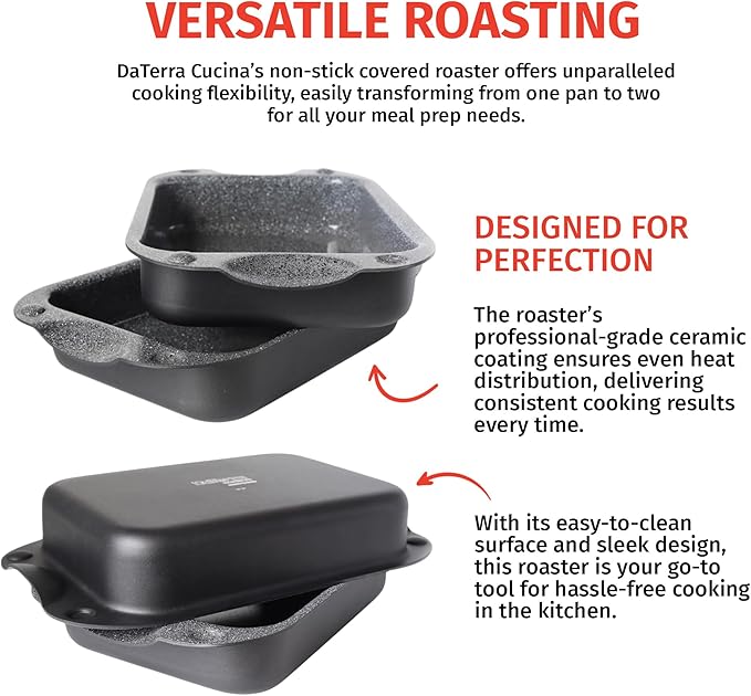 DaTerra Cucina - 13" Nonstick Ceramic Coated Dual Roasting Pan Set – 2 Identical Pans, Oven Safe, Ideal for Roasting, Baking, Searing, Braising, Casseroles, Fits Most Toaster Ovens
