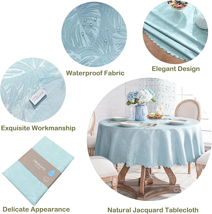 Round Tablecloth Blue Table Cloth Leaves Pattern Scalloped Edge Silky Soft Waterproof Washable 50 Inch Fabric Table Cover for Dining Kitchen Picnic Party Banquet Patio Holiday Decoration