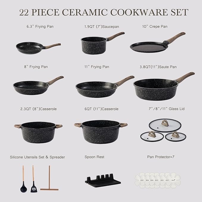 Ceramic Cookware Set 22-Piece Nonstick Pots and Pans Set Non Stick Kitchen Cooking Sets Stockpot Saucepan Frying Pans