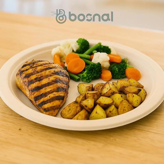 BOSNAL 10 inch & 7 inch Round Plates, 10 inch Oval Plates, 32 oz Bowls & 8 oz Cups with Lidss & Cutlery – 100% Plant-Based Bagasse, Eco-Friendly, Compostable, Microwave Safe, Durable Dinnerware Set