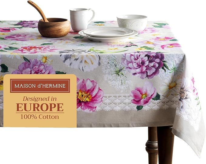 Maison d' Hermine Table Cloth Rectangle Table 100% Cotton 60 x 120 Inches Tablecloth Reusable Decorative for Dining Room Farmhouse Home Valentines Day Decorations Spring Summer - Pivoine